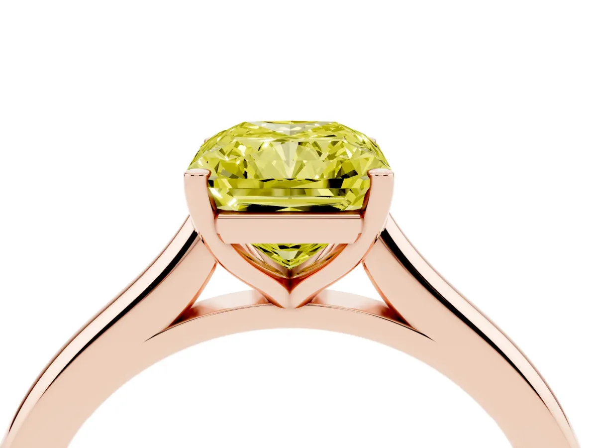 Fancy Yellow Radiant Cut Cut Solitaire Ring with Cathedral Band and Four-Prong Setting Rose gold
