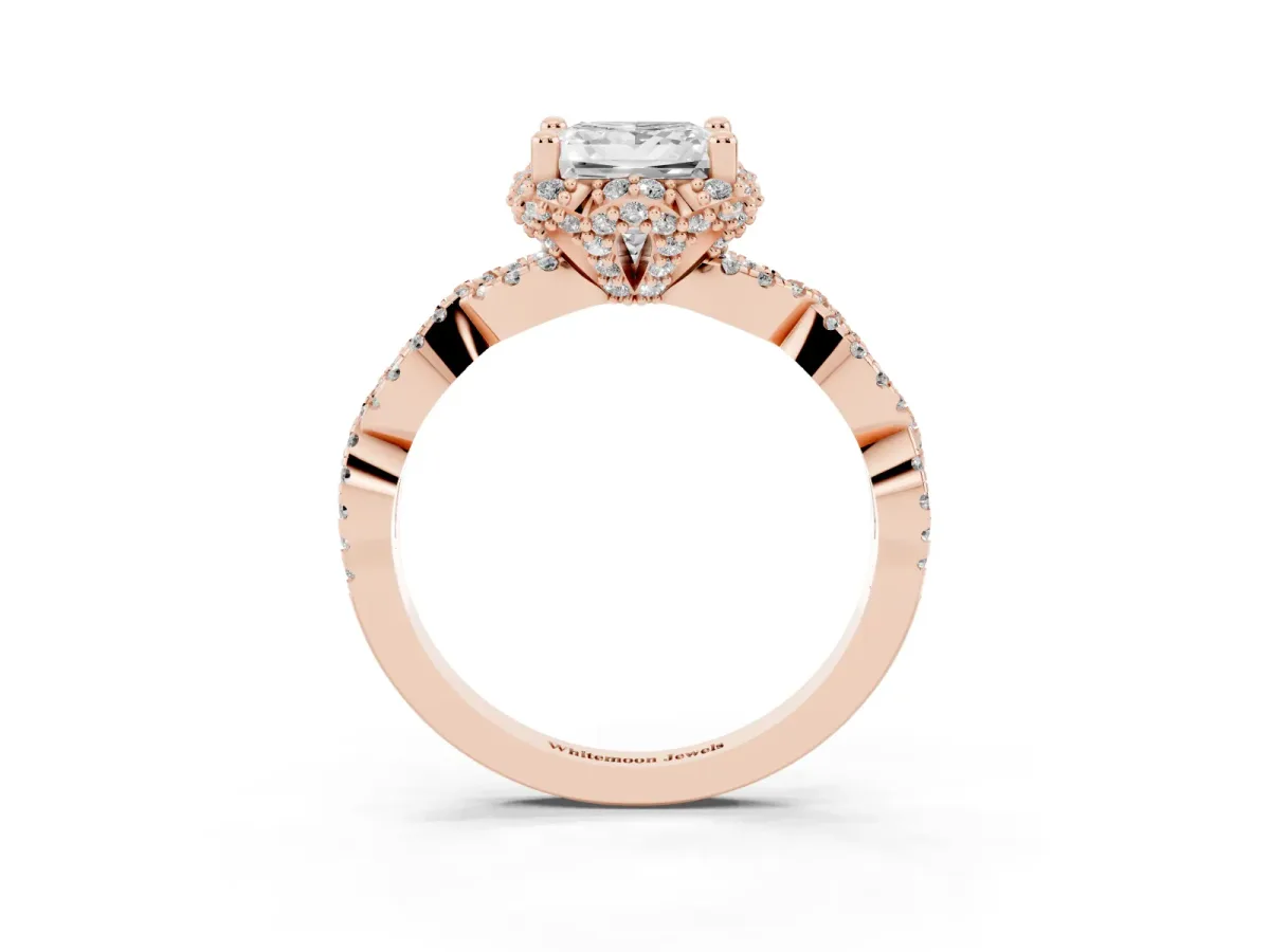 Princess Cut Halo Twist Band Solitaire Ring with Six-Prong Setting Rose gold