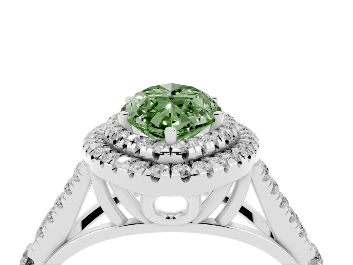 Fancy Green Marquise Cut Diamond Pavé Split Shank Double Halo Engagement Ring Silver