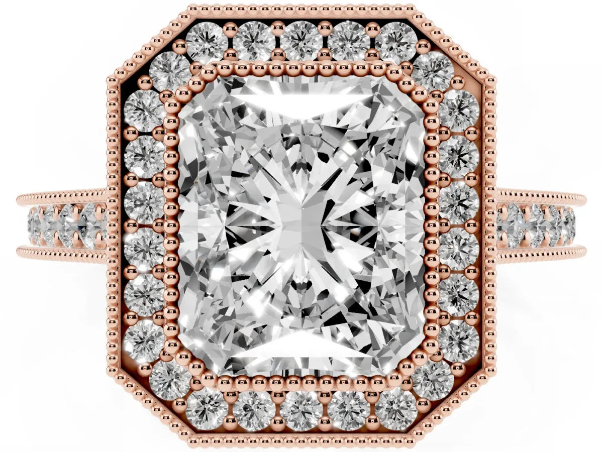 Halo Radiant Cut-Cut Diamond Pave Band Milgrain Prong Setting Ring Rose gold