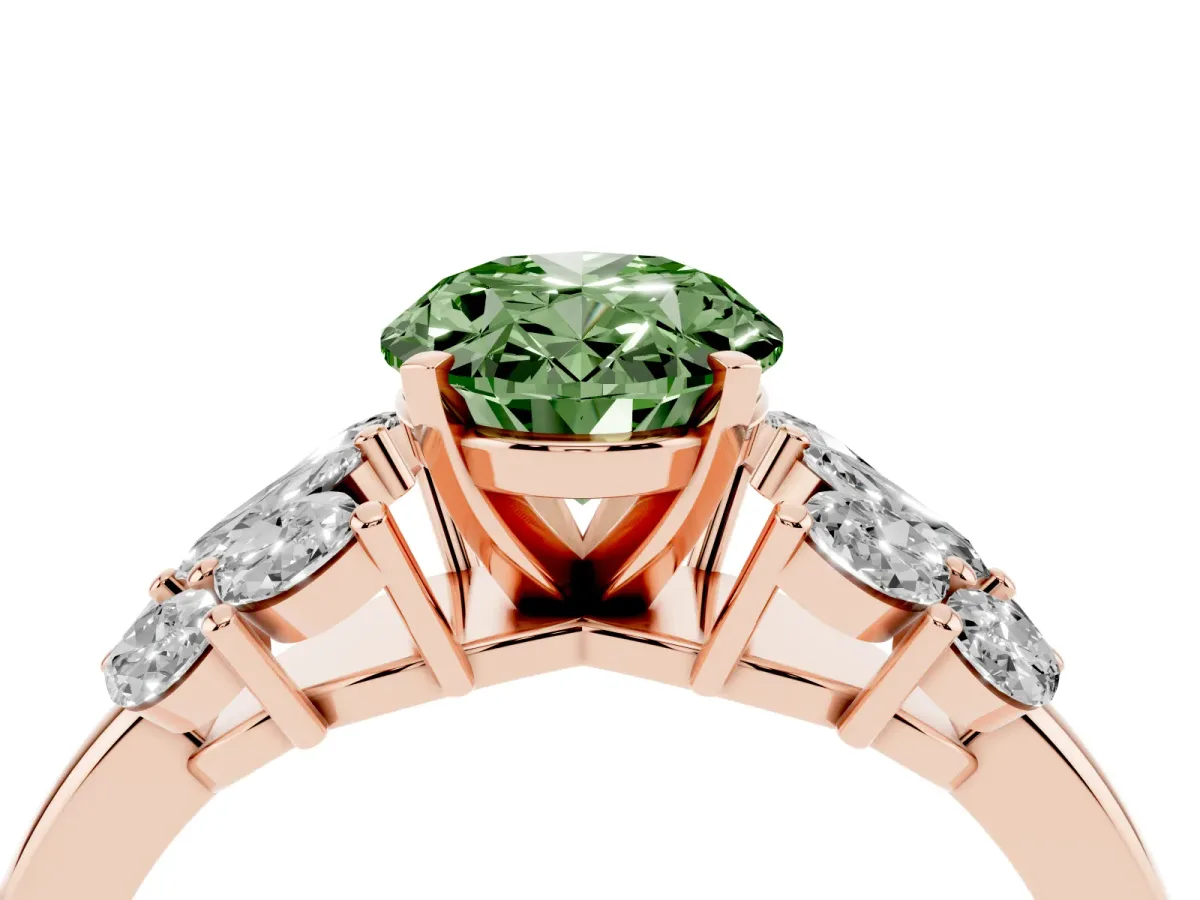 Fancy Green Oval Cut Diamond Cluster Leaf Design Ring with Prong Setting Rose gold