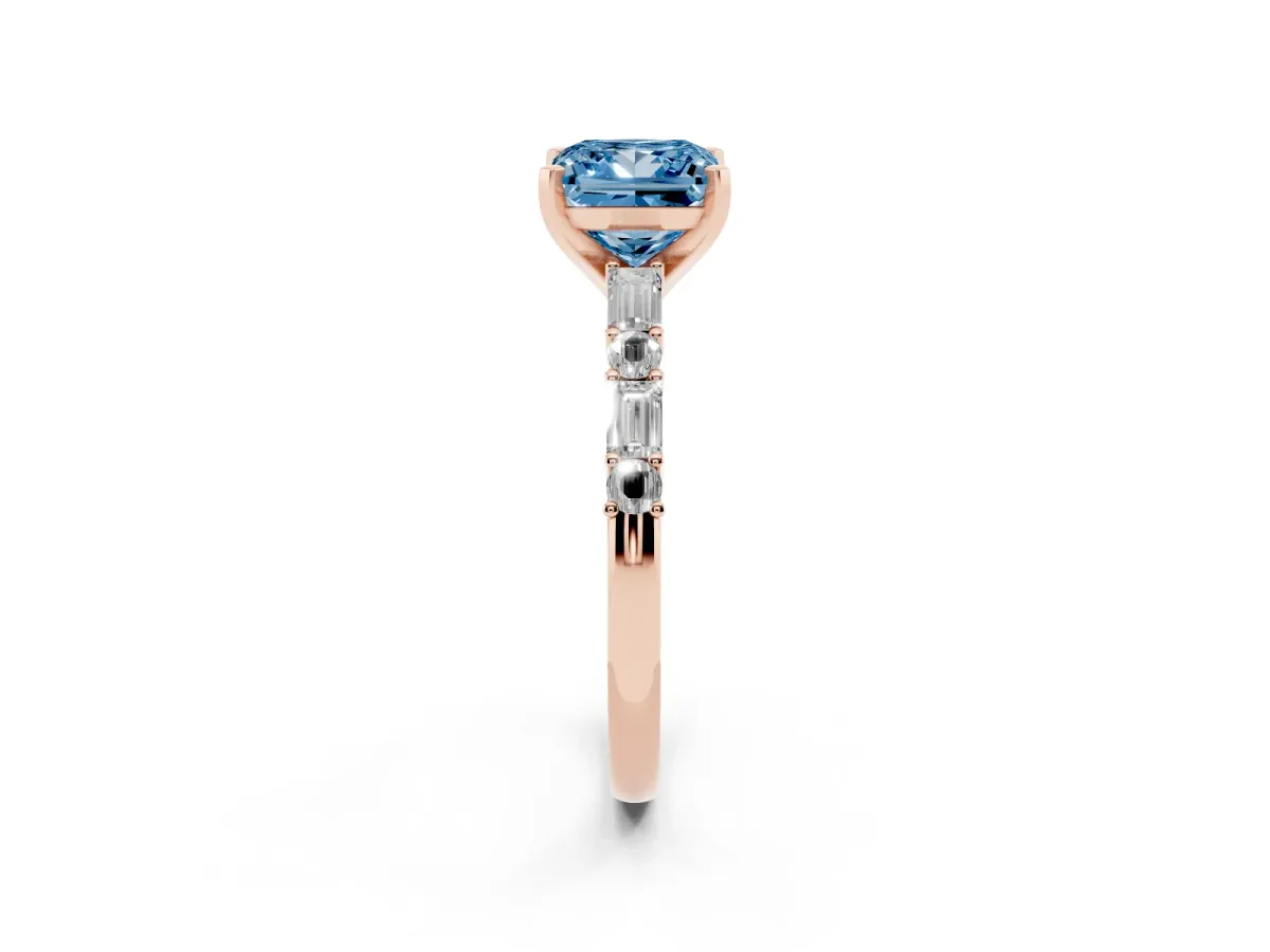 Fancy Blue Princess Cut Diamond Solitaire with Side Baguettes and Channel Set Band Rose gold