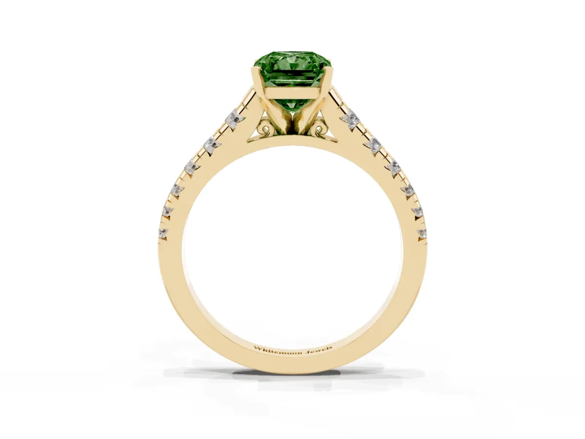 Fancy Green Radiant Cut Diamond Cathedral Solitaire Ring with Round Pavé Band Yellow gold