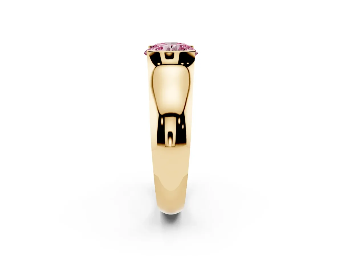 Fancy Pink Round Cut Solitaire Bezel Set Diamond Ring with Wide Band Yellow gold