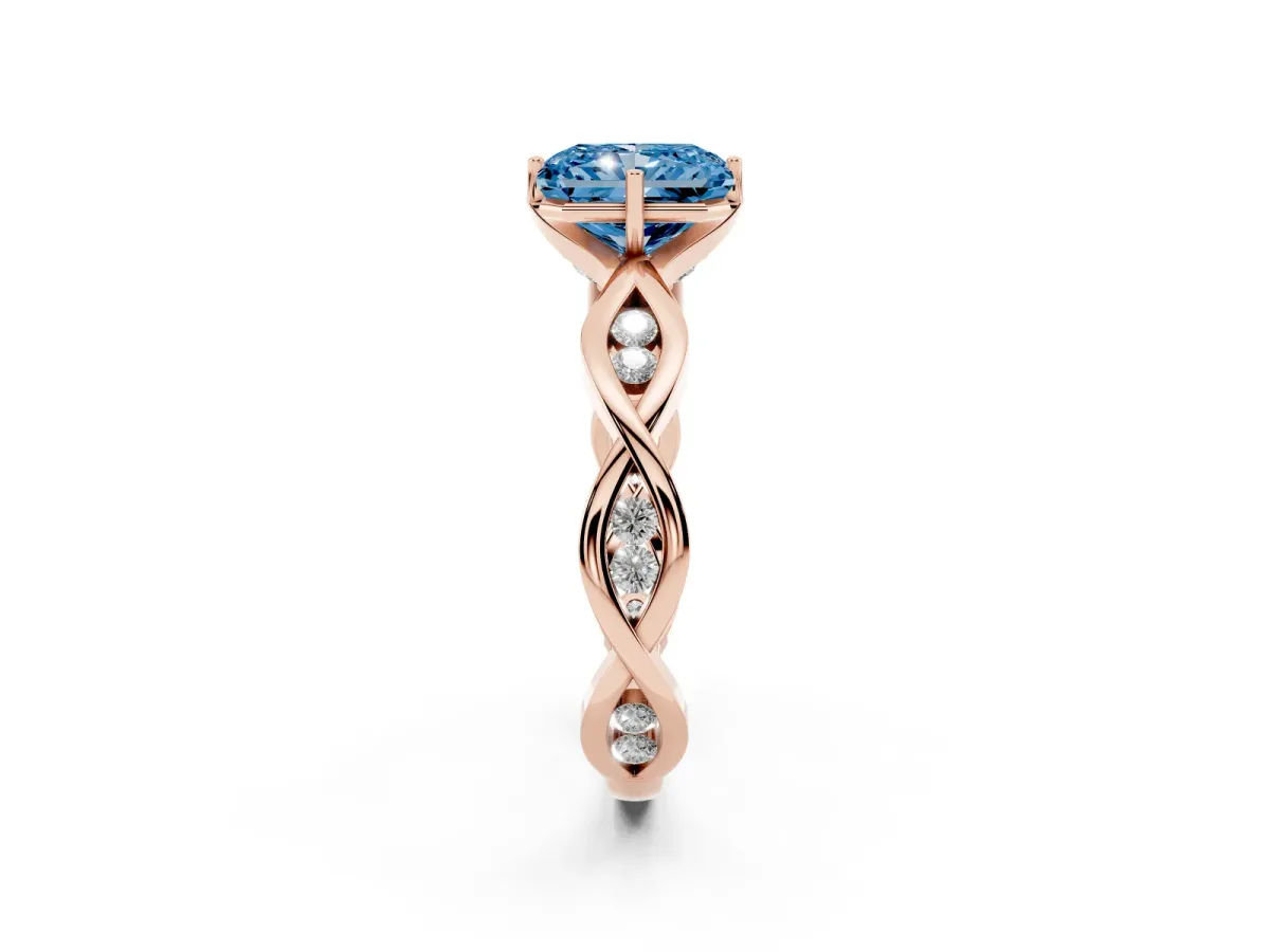 Fancy Blue Radiant Cut Solitaire Twist Band with Leaf Prong Setting Rose gold