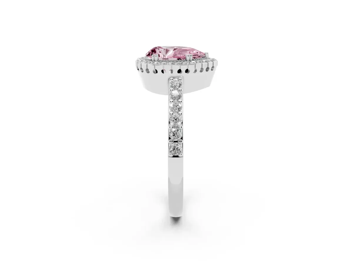 Fancy Pink Pear Cut Cut Diamond Halo Engagement Ring with Milgrain Detail and Pavé Band Silver