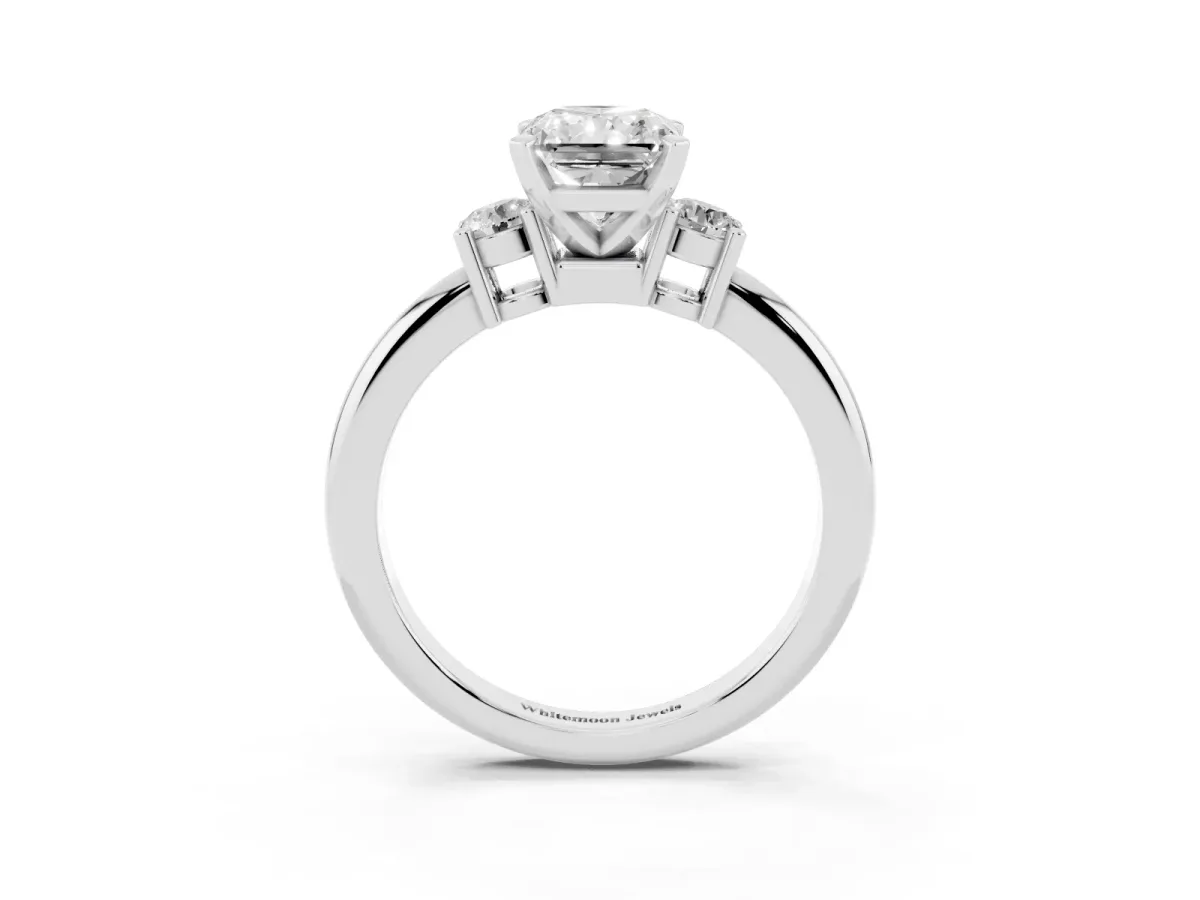 Three-Stone Radiant Cut Cut Diamond Solitaire with Prong Setting and Classic Band Silver
