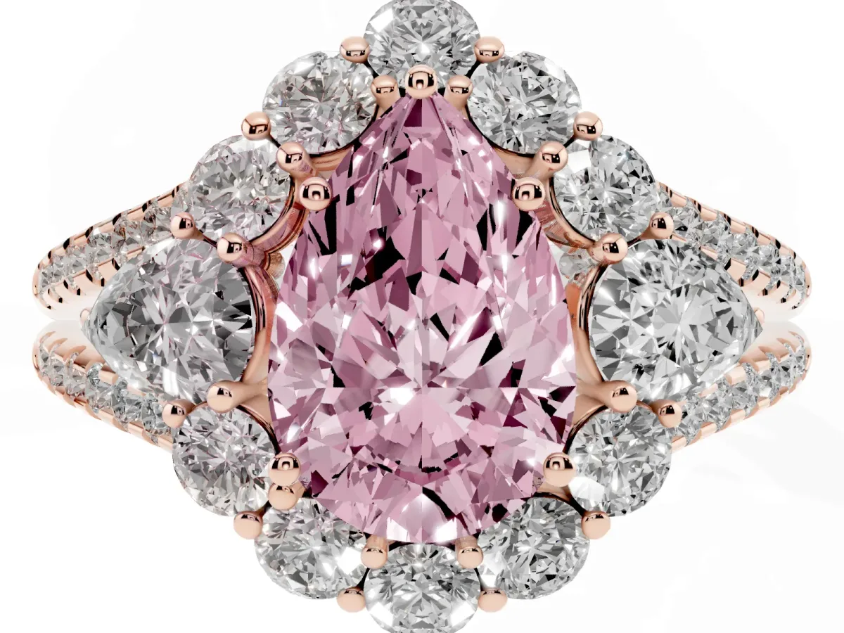 Fancy Pink Pear Cut Halo Split Shank Diamond Engagement Ring with Prong Setting Rose gold