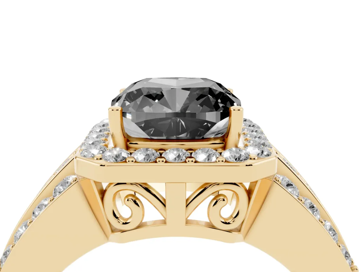 Fancy Black Cushion Cut Halo Diamond Ring with Round Split Shank and Prong Setting Yellow gold