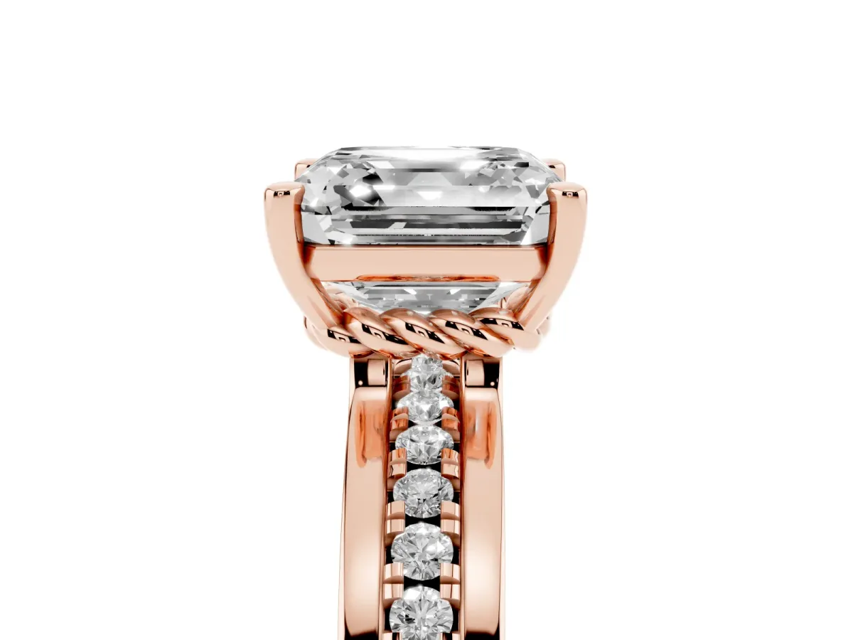 Asscher Cut Solitaire Diamond Ring with Channel Set Band and Six-Prong Setting Rose gold