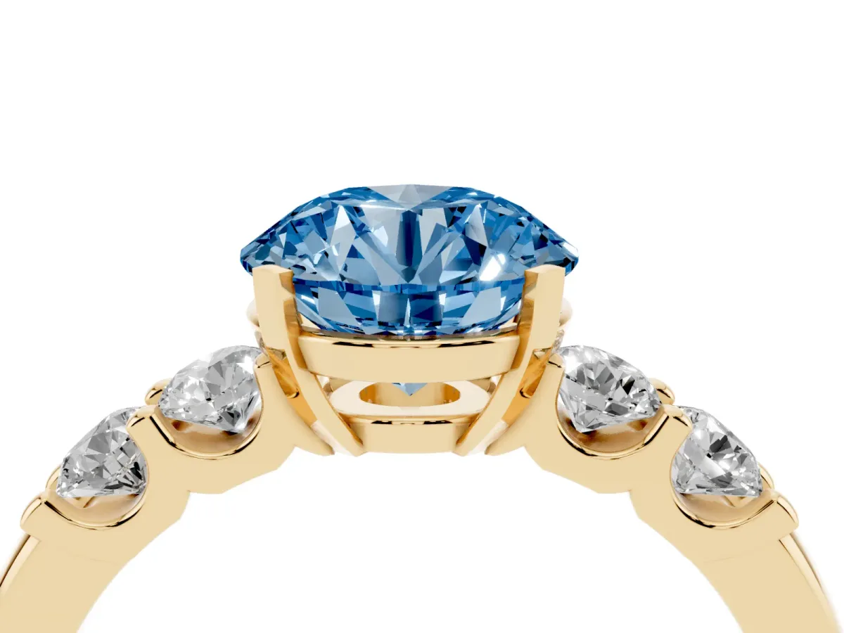Fancy Blue Round Cut Brilliant Cut Diamond Five-Stone Prong Set Engagement Ring with Channel Band Yellow gold