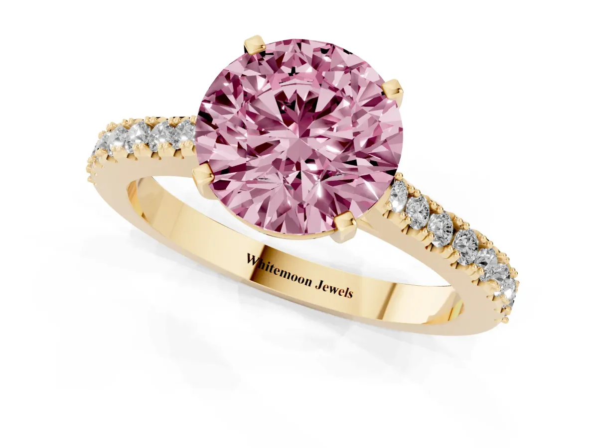 Fancy Pink Round Cut Cut Solitaire Diamond Engagement Ring with Pave Band and Four-Prong Setting Yellow gold