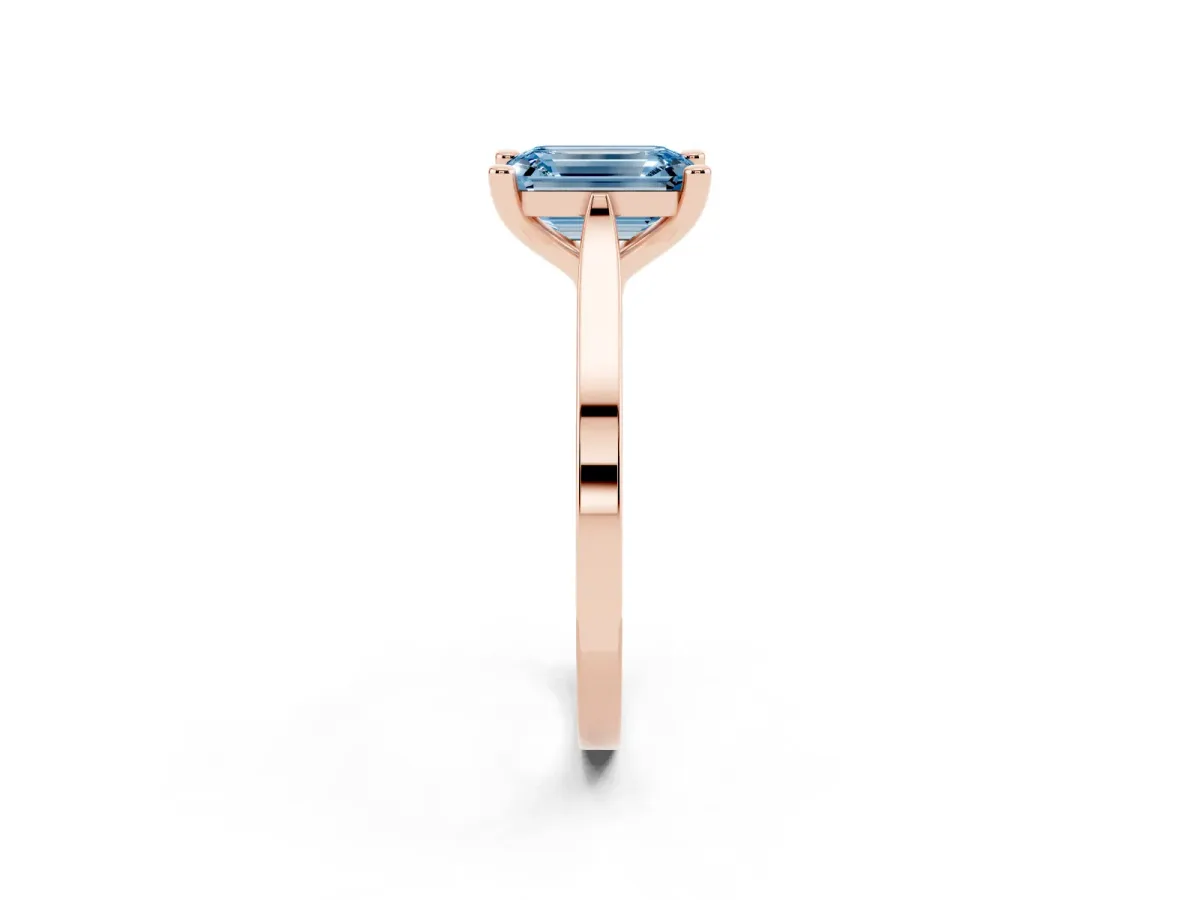 Fancy Blue Emerald Cut Solitaire Diamond Ring with Four-Prong Setting and Tapered Band Rose gold