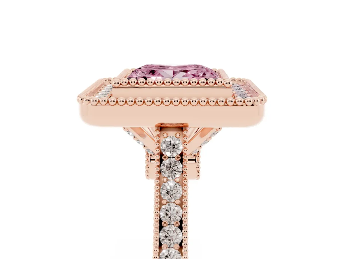 Fancy Pink Princess Cut Diamond Halo Ring with Milgrain Frame and Pavé Band Rose gold