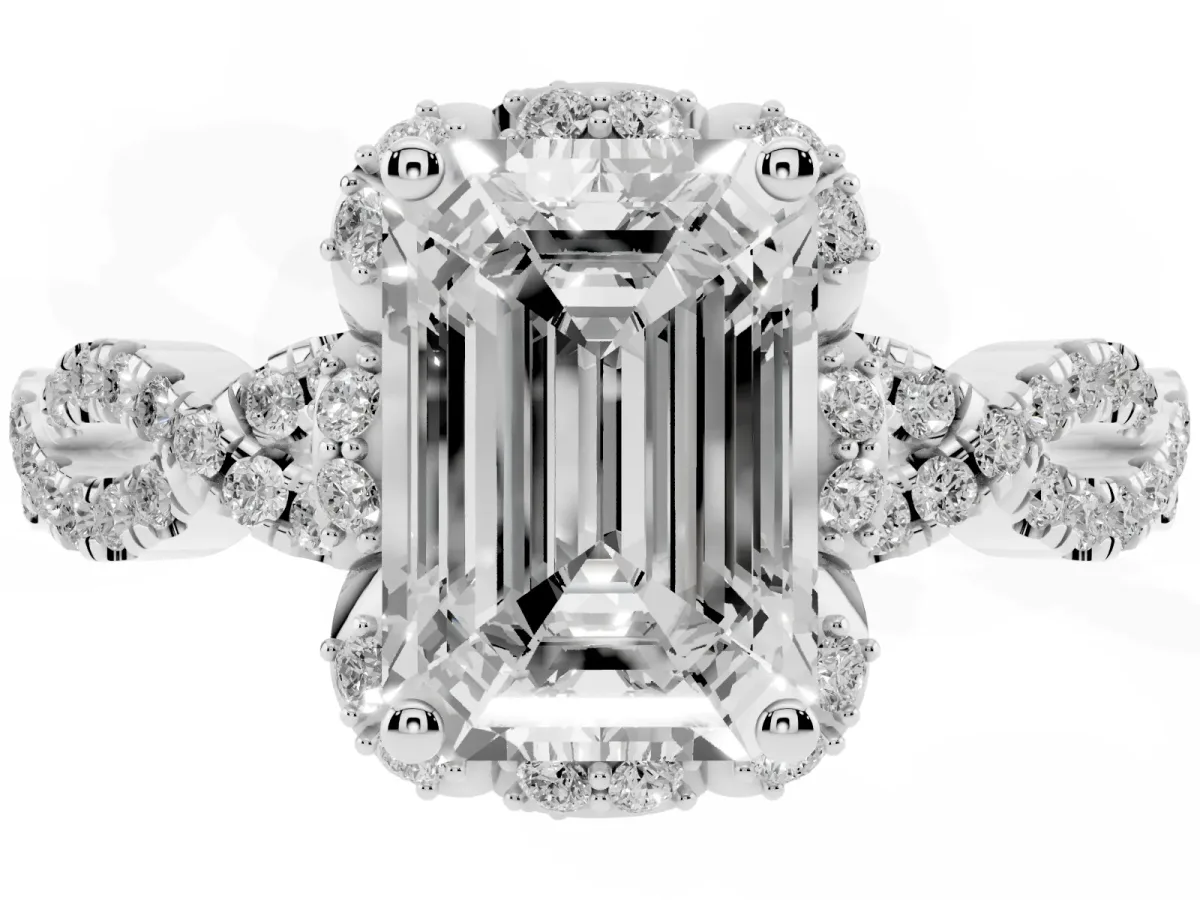 Emerald Cut Halo Twist Band Solitaire Ring with Six-Prong Setting Silver
