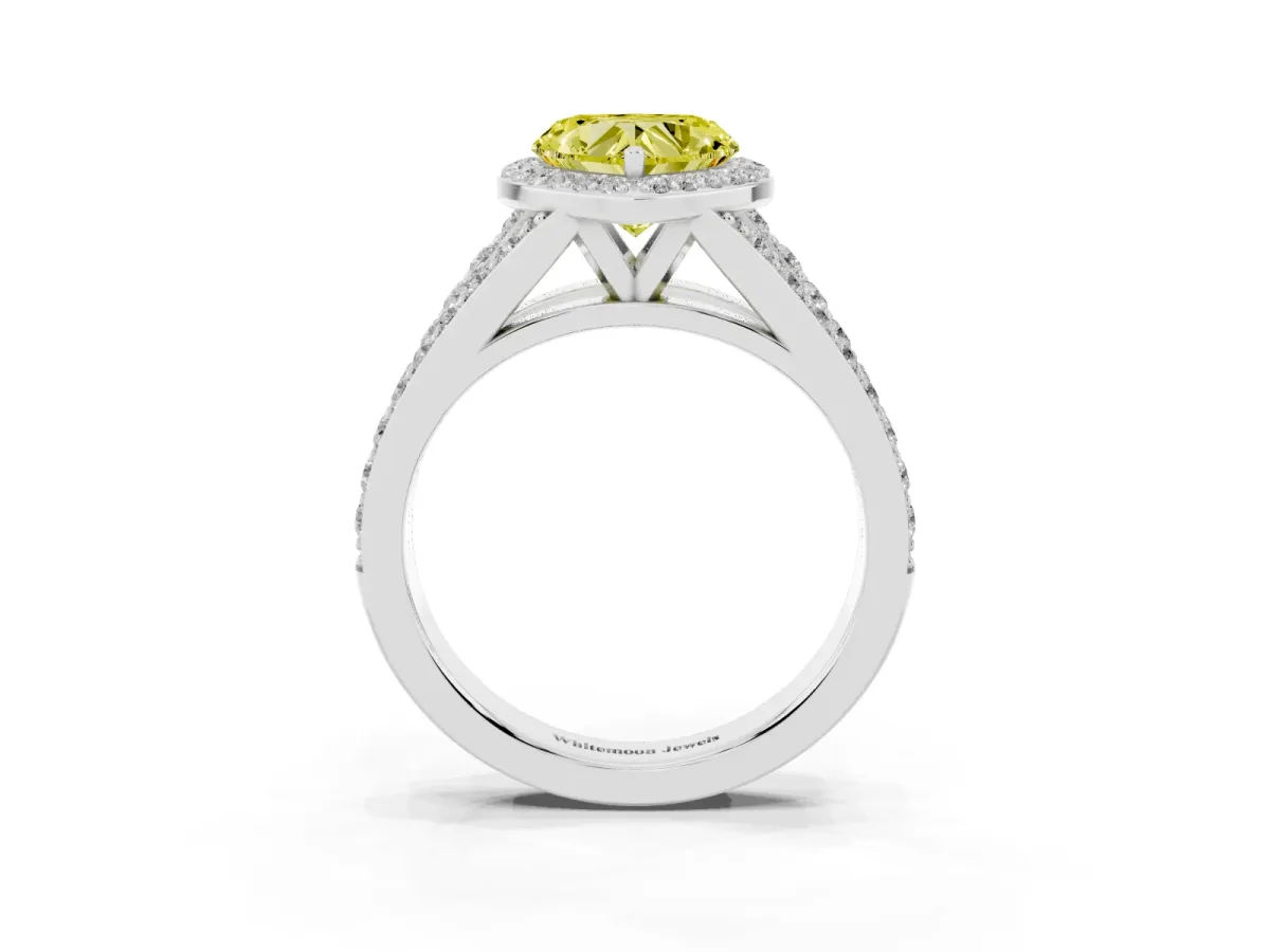 Fancy Yellow Heart Cut Diamond Split Shank Halo Ring with Four-Prong Setting Platinum