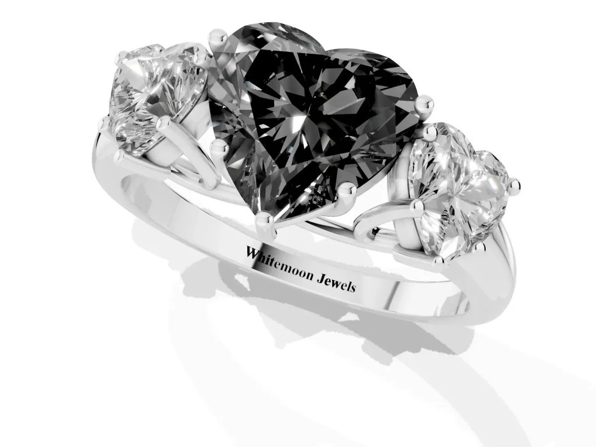 Fancy Black Three-Stone Heart Cut Diamond Engagement Ring with Prong Setting White gold