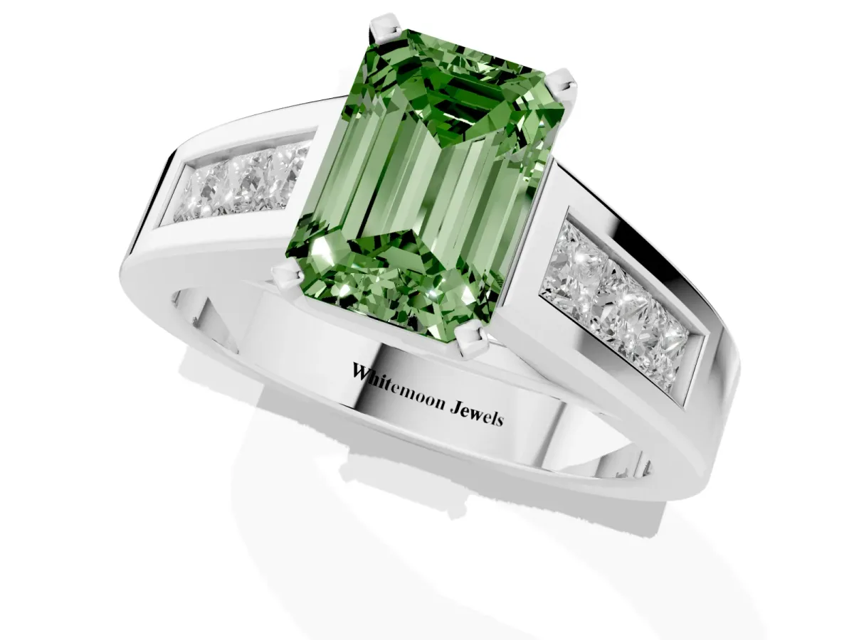Fancy Green Emerald Cut Cut Channel Set Solitaire Ring with Four-Prong Setting Silver