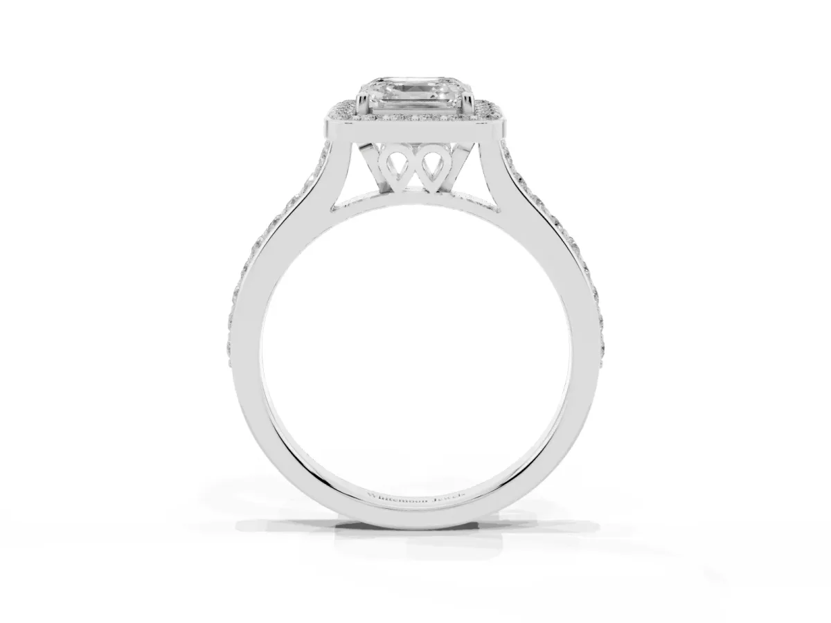 Asscher Cut Diamond Halo Engagement Ring with Round Pavé Shoulders and Prong Setting White gold