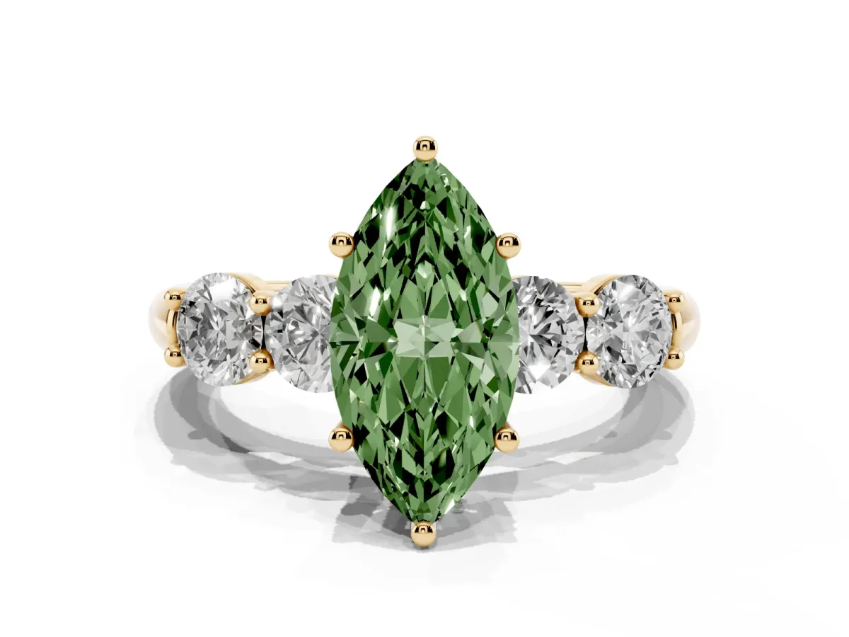 Fancy Green Marquise Cut Cut Five-Stone Prong Set Diamond Ring with Classic Band Yellow gold