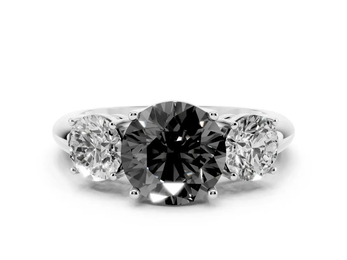 Fancy Black Three-Stone Round Cut Cut Diamond Engagement Ring with Prong Setting on a White Gold Band Platinum