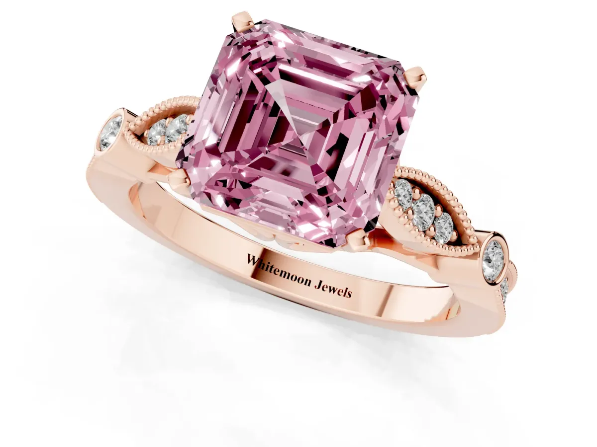 Fancy Pink Asscher Cut Cut Diamond with Milgrain Marquise and Bezel Accents on a Solitaire Band with Prong Setting Rose gold