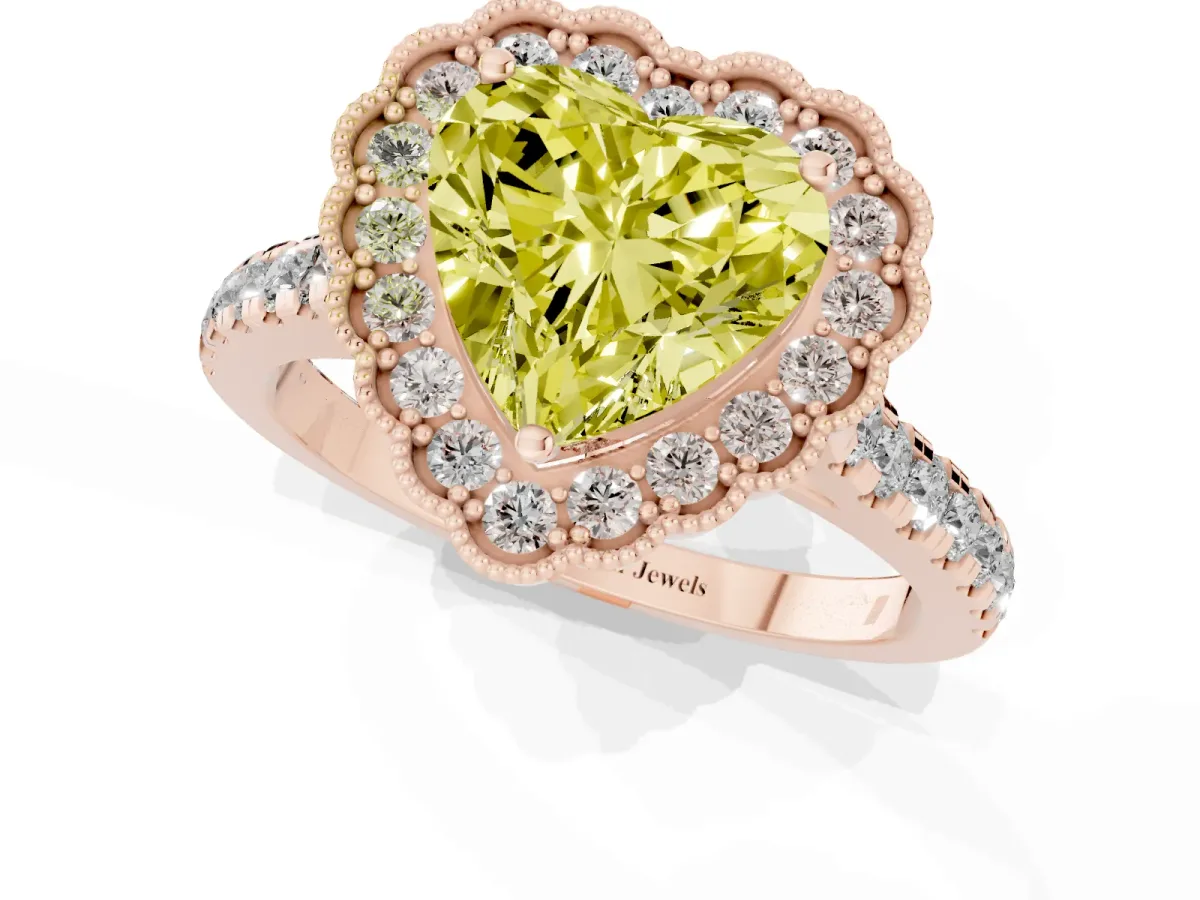 Fancy Yellow Heart Cut Cut Diamond Milgrain Floral Halo Engagement Ring with Pavé Band Rose gold