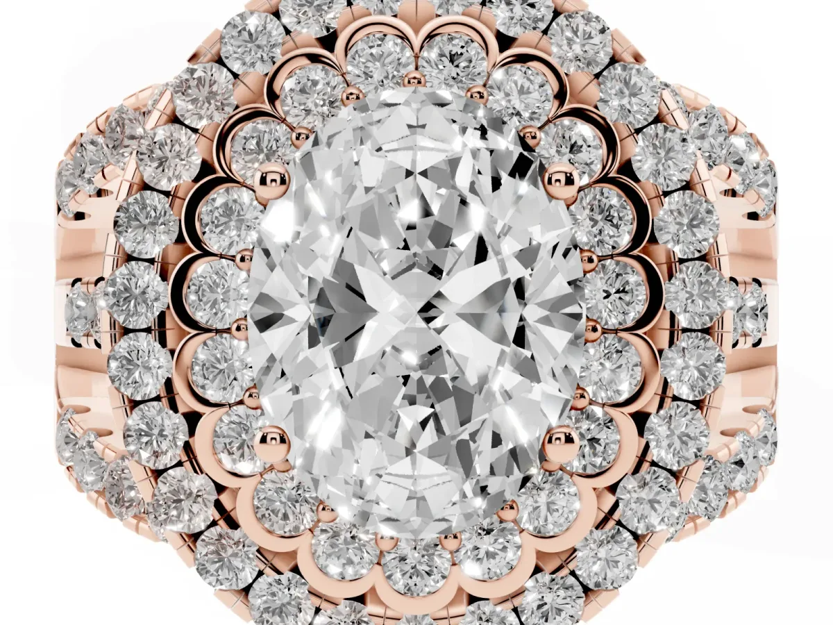 Oval Cut Diamond Double Halo Ring with Round Pavé Split Shank and Prong Setting Rose gold