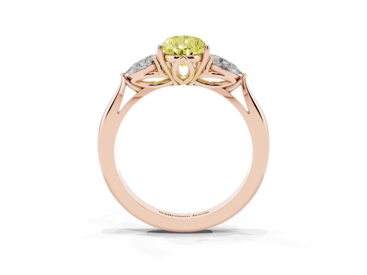 Fancy Yellow Pear Cut Diamond Three-Stone Ring with Pear Side Stones and Prong Setting Rose gold