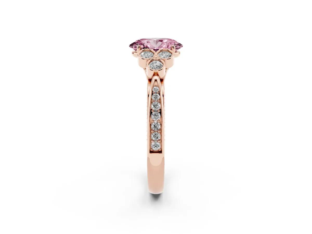 Fancy Pink Oval Cut Cut Diamond Engagement Ring with Bezel Set Round Side Stones and Prong Setting Rose gold