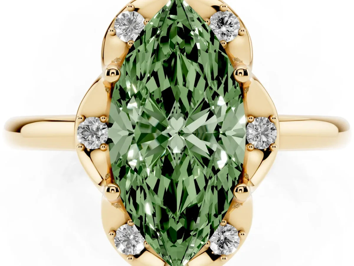 Fancy Green Marquise Cut Halo Diamond Ring with Round Cluster Setting, Solitaire Band, and Four-Prong Setting Yellow gold