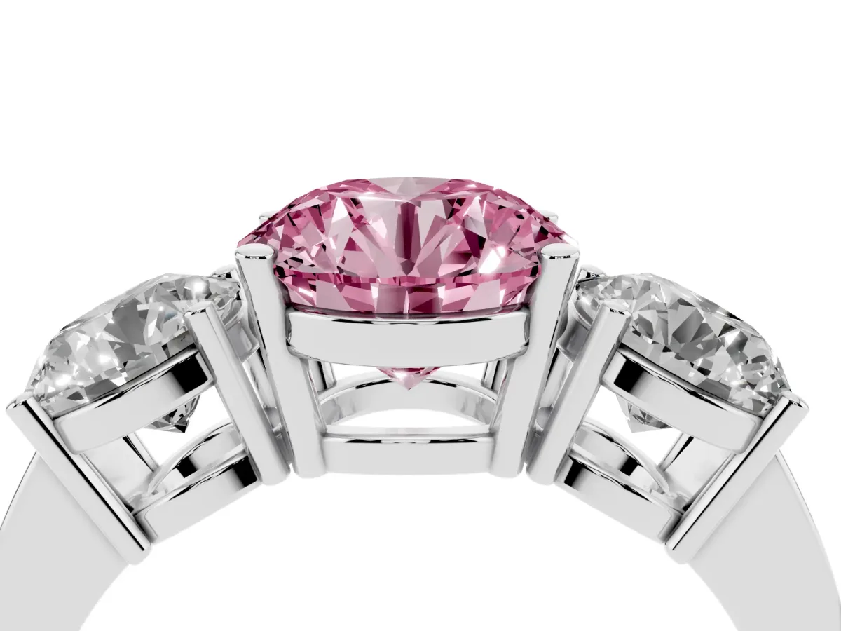 Fancy Pink Three-Stone Round Cut Cut Diamond Engagement Ring with Flat Band and Four-Prong Setting Silver
