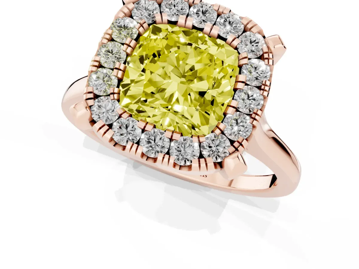 Fancy Yellow Cushion Cut Diamond Cluster Halo Solitaire with Four-Prong Setting Rose gold