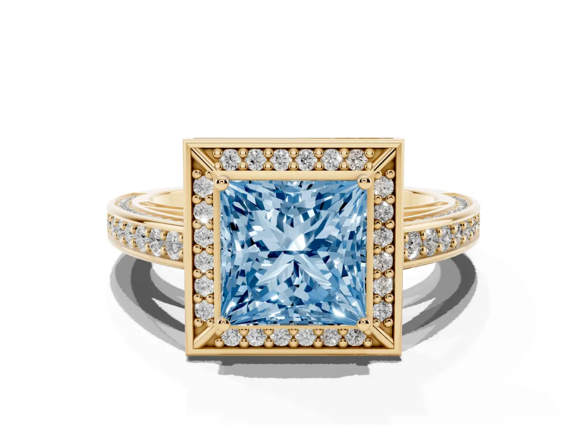 Fancy Blue Princess Cut Cut Halo Pave Split Shank Prong Setting Ring Yellow gold
