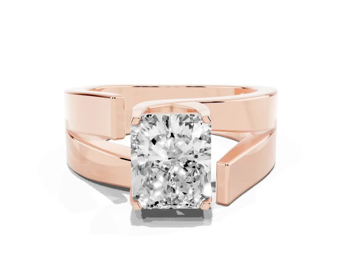 Modern Tension Set Radiant Cut Diamond Solitaire Wide Band Ring Rose gold