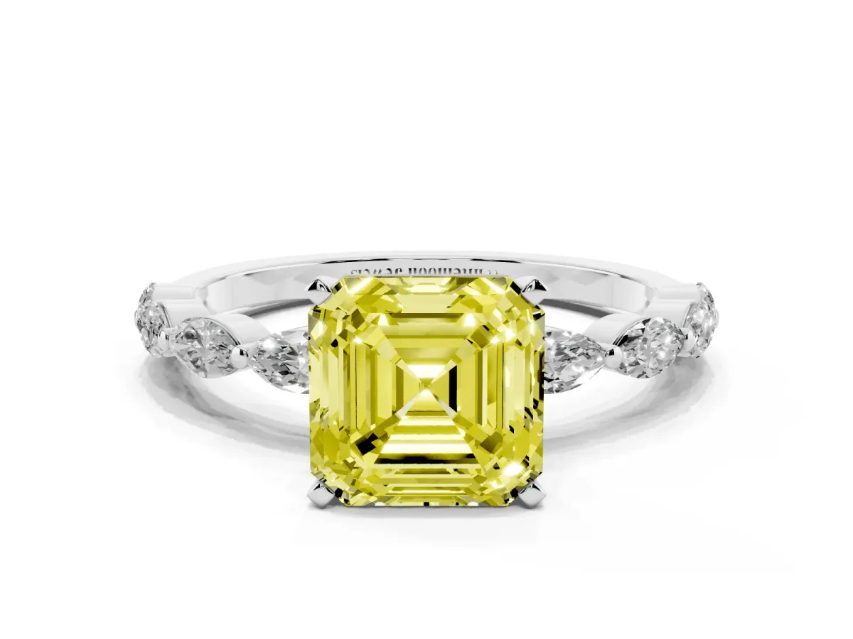 Fancy Yellow Asscher Cut Diamond Ring with Marquise Side Stones and Prong Setting Platinum