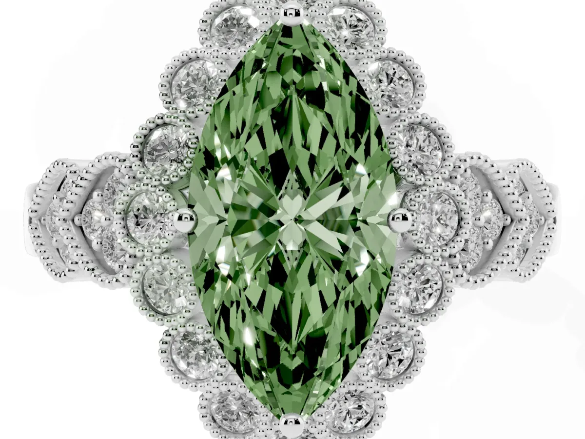 Fancy Green Marquise Cut Brilliant Milgrain Pave Heart Band Solitaire Ring Platinum