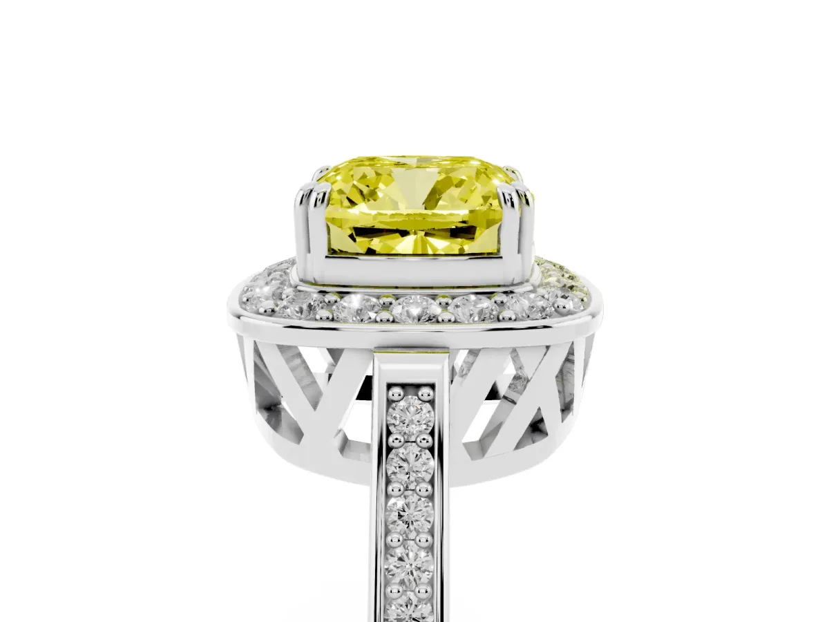 Fancy Yellow Cushion Cut Diamond Halo Ring with Split Shank and Four-Prong Setting Platinum