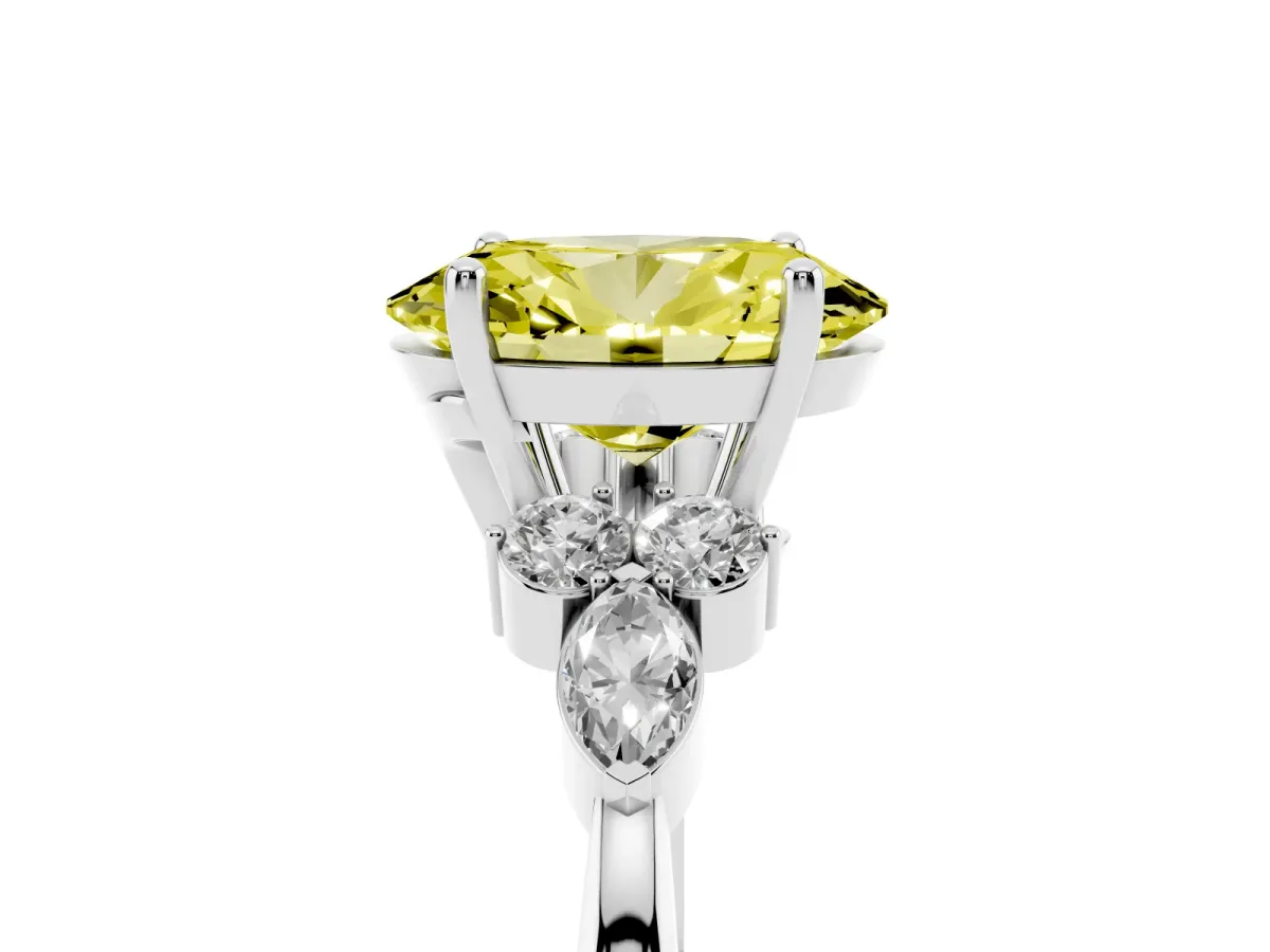 Fancy Yellow Oval Cut Brilliant Diamond Solitaire Ring with Pear Side Stones and Four-Prong Setting White gold