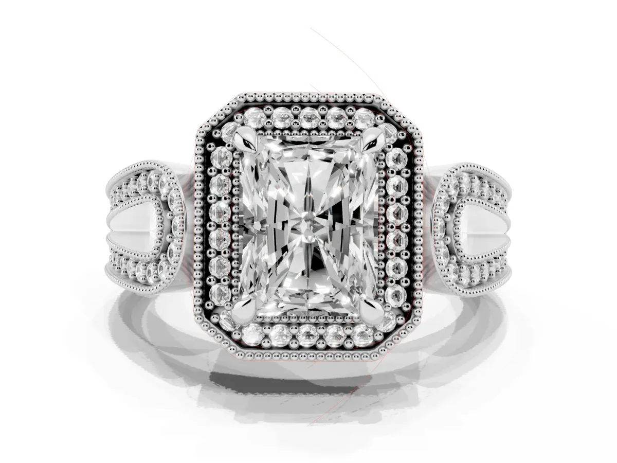 Radiant Cut Halo Split Shank Milgrain Diamond Ring Platinum