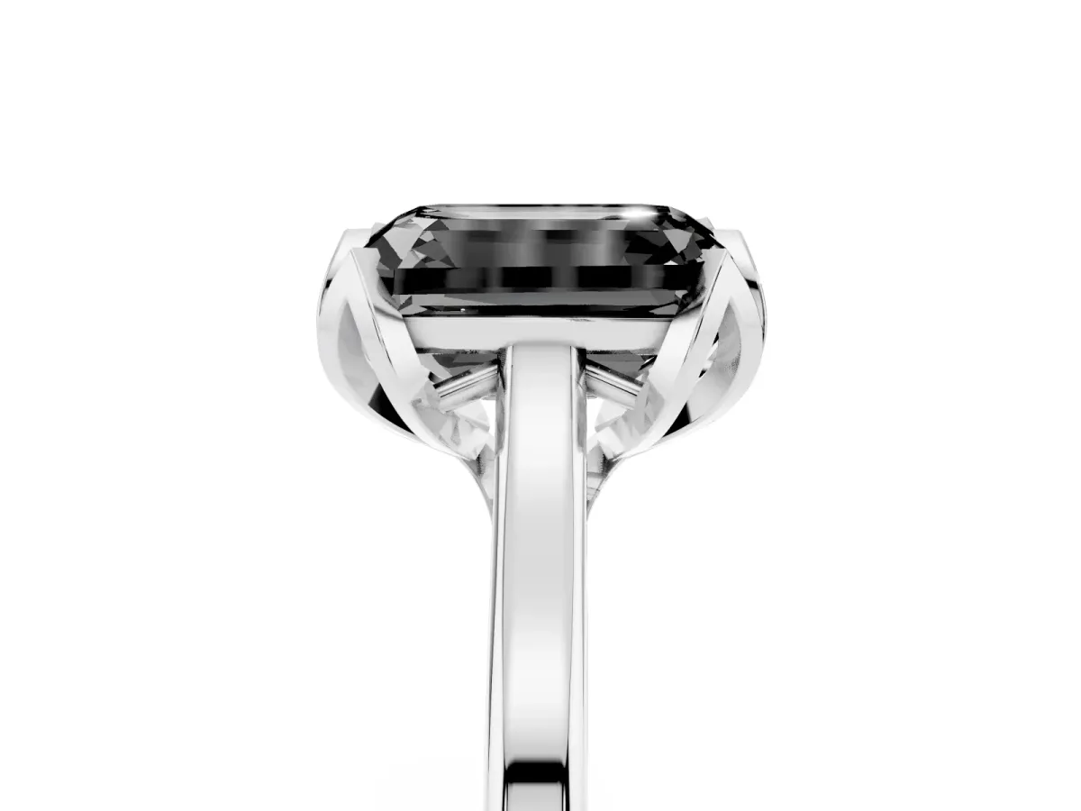 Fancy Black Emerald Cut Diamond Solitaire Ring with Flower Prong Setting and Classic Band Silver