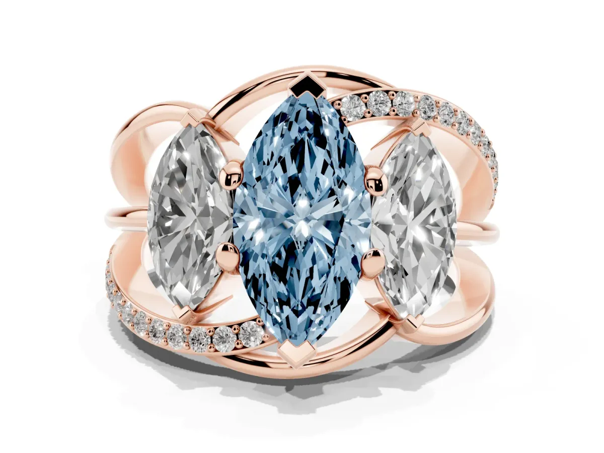 Fancy Blue Three-Stone Marquise Cut Cut Diamond Split Shank Prong Set Ring Rose gold