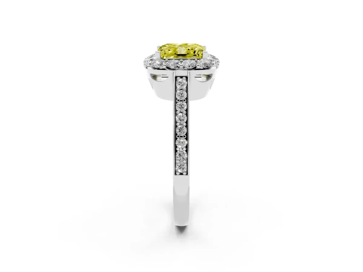 Fancy Yellow Princess Cut Diamond Floral Halo Ring with Pavé Band and Prong Setting White gold