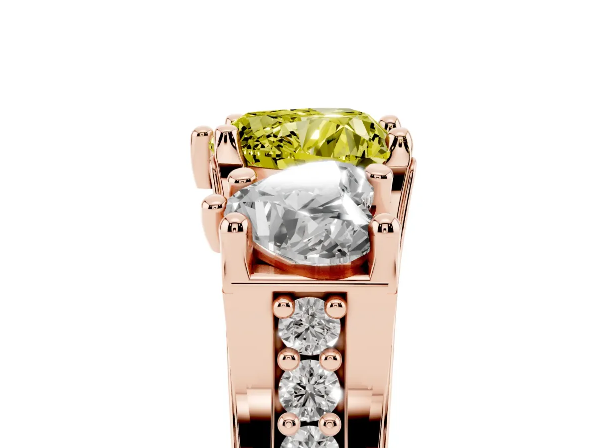 Fancy Yellow Heart Cut Diamond Three-Stone Ring with Channel Set Band and Four-Prong Setting Rose gold