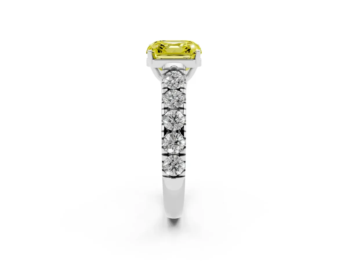 Fancy Yellow Asscher Cut Cut Diamond Solitaire Ring with Micro Pave Band and Prong Setting Silver