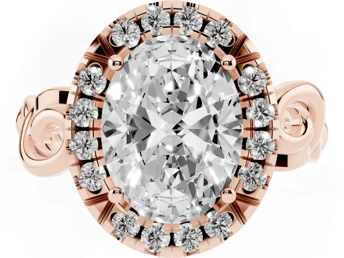Oval Cut Cut Halo Diamond Ring with Scrollwork Band and Four-Prong Setting Rose gold