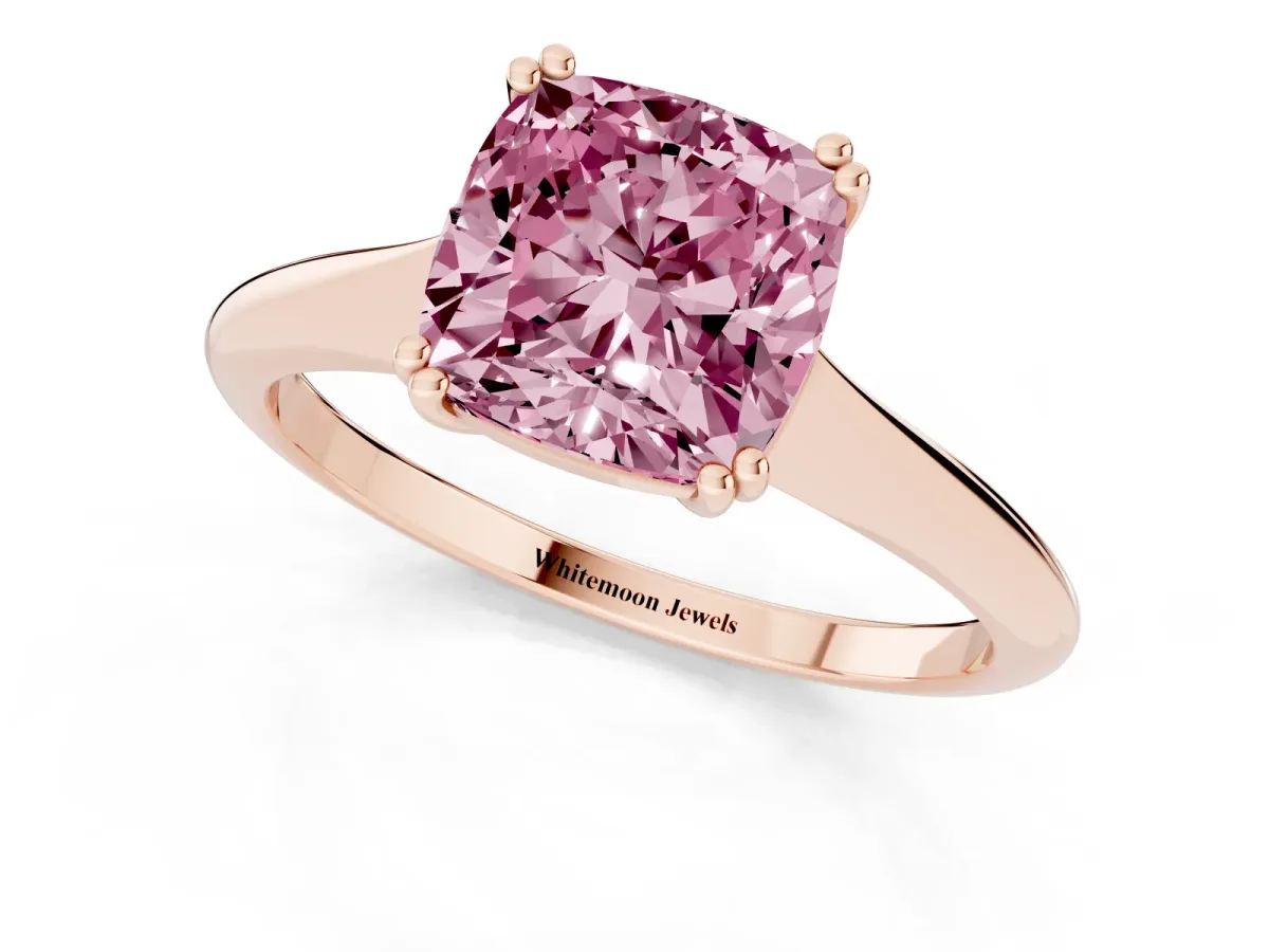Fancy Pink Cushion Cut Solitaire Diamond Ring with Six-Prong Setting and Classic Band Rose gold