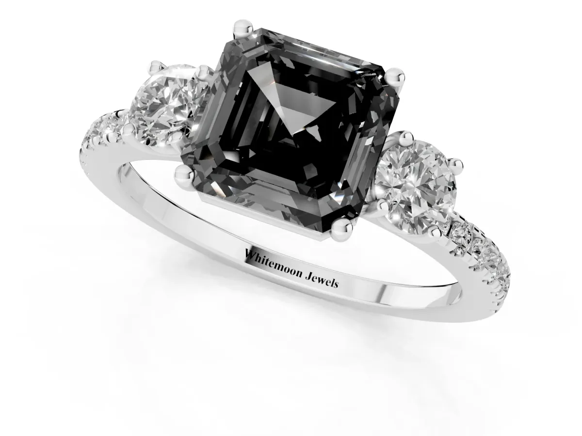 Fancy Black Three-Stone Asscher Cut Cut Diamond Pavé Band with Prong Setting White gold