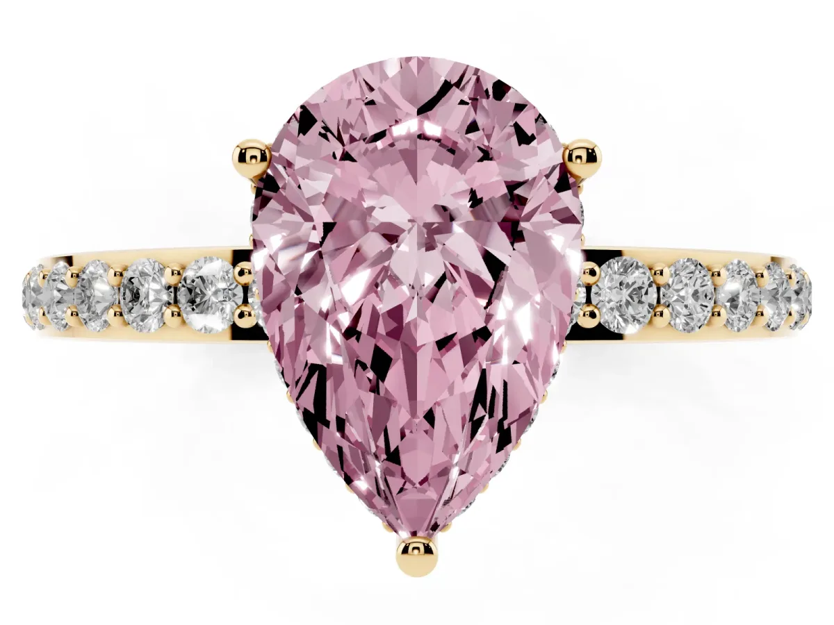 Fancy Pink Pear Cut Diamond Solitaire Ring with Pavé Band and Hidden Halo Yellow gold