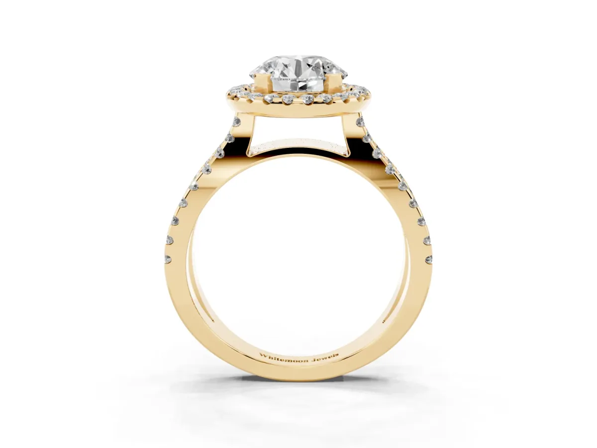 Round Cut Diamond Halo Ring with Split Shank Pavé Band and Prong Setting Yellow gold